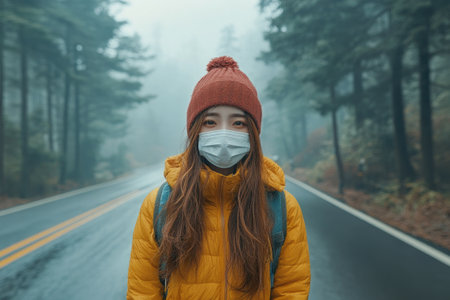 Young female hiker is taking a break from hiking and wearing a protective face mask while standing on a road in a forestの素材