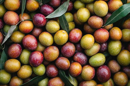 Scattering of freshly harvested olives, wet with dew, makes for an appealing backgroundの素材