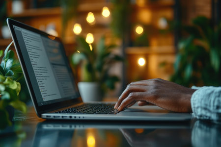 Programmer is working late in their home office, typing on a laptop with code displayed on the screenの素材