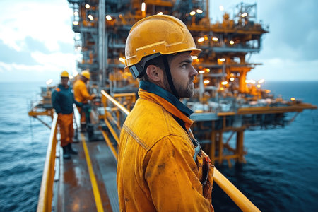 Oil worker wearing coveralls and a hardhat is standing on the platform of an oil rigの素材