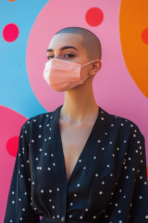 Young woman with a shaved head is wearing a protective face mask and looking into the distanceの素材