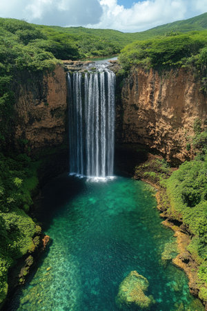 Aerial view of a waterfall cascading from a cliff into a blue lagoon surrounded by lush green forestの素材