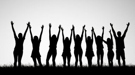 Silhouettes of a group of people raising their arms in the airの素材