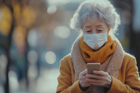 Elderly woman is walking in the city while wearing a protective face mask and using her smartphoneの素材