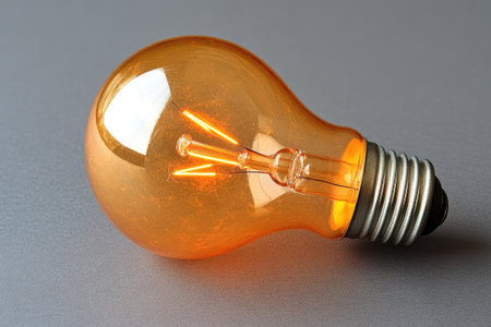 Orange light bulb is standing on a gray surface and shining brightlyの素材