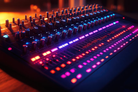 Professional audio mixing console is glowing in neon lights at a concert, ready for a sound engineer to adjust levelsの素材