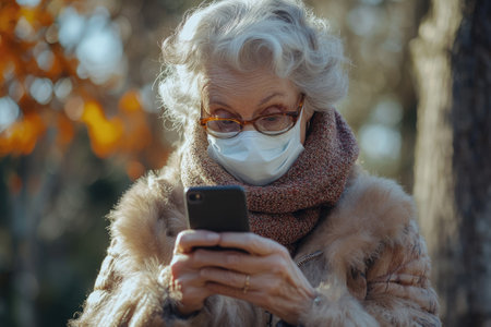 Elderly woman wearing a protective face mask is using her smartphone while enjoying a sunny day outdoorsの素材
