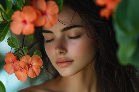 Beautiful young woman with perfect skin enjoying the sun with her eyes closed surrounded by orange flowersの素材