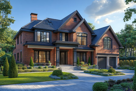Beautiful new luxury brick home on sunny day with green grass and landscapingの素材