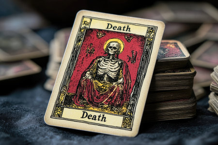 Close up of death card from tarot major arcana leaning on blurred stack of cardsの素材