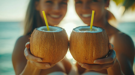Two women are holding refreshing coconut drinks on a beautiful tropical beachの素材