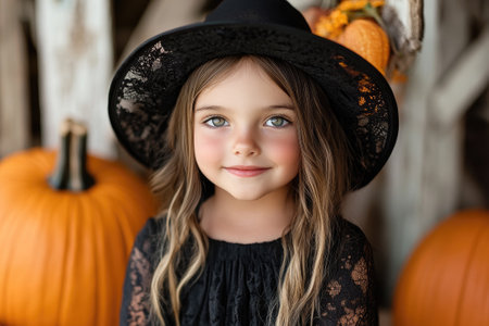 Smiling girl wearing a witch hat is posing at a pumpkin patch farmの素材