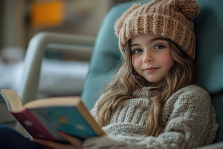 Cute girl wearing knitted beanie relaxing on comfortable armchair reading bookの素材