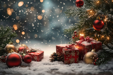 Christmas presents are sitting under a snow-covered Christmas tree as snow falls in the backgroundの素材