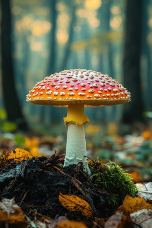 Bright red and white mushroom with distinctive white spots is growing on the forest floorの素材