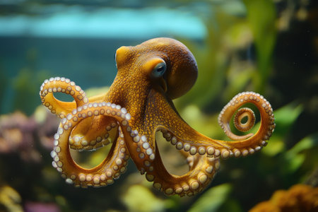 Giant pacific octopus is gracefully gliding through the water in an aquarium settingの素材