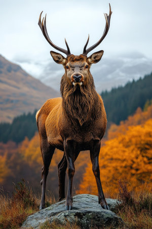 Red deer stag with large antlers is standing on a rock in a Scottish moorland with autumnal colorsの素材