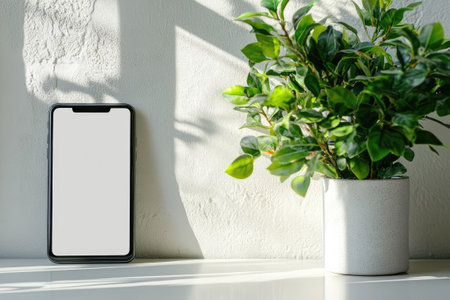 Sunlight casting shadows of window on white wall with a smartphone with blank screen standing on white desk near green plant in flowerpotの素材