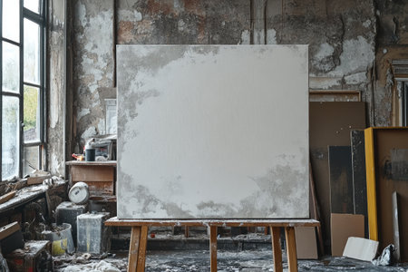 Large blank canvas is standing on a wooden easel in an artist studio with a messy interior designの素材