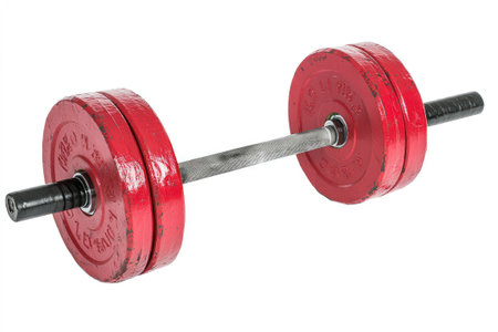 Red barbell weight lifting equipment isolated on white background, ready for a heavy workoutの素材