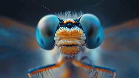 Macro photography of a dragonfly showing its beautiful colors and incredible face detailsの素材