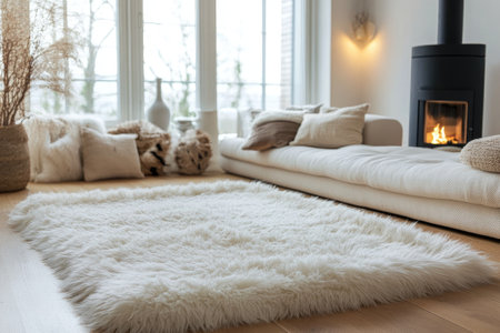 Large white fluffy carpet brings a touch of softness and comfort to this modern living room bathed in natural lightの素材