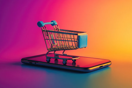 Miniature shopping cart is standing on a smartphone, symbolizing online shoppingの素材