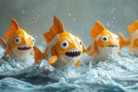 3d illustration of school of piranha fish jumping out of turbulent water with sharp teethの素材