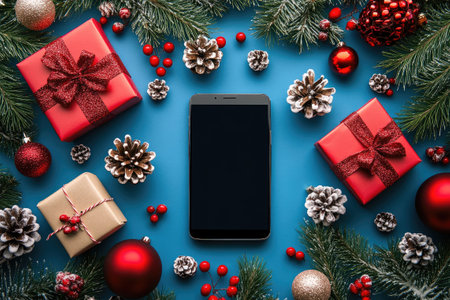 Smartphone showing blank screen is lying on blue surface surrounded by Christmas decorationの素材