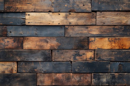 Rustic wooden planks forming a textured wall background with a vintage feelの素材