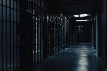 Long dark jail corridor with open cell bars showing cells on each sideの素材