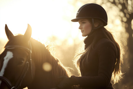 Young woman wearing a helmet is riding her horse in a field at sunsetの素材
