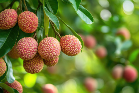 Close up bunch of fresh lychee fruits hanging on a tree in plantationの素材