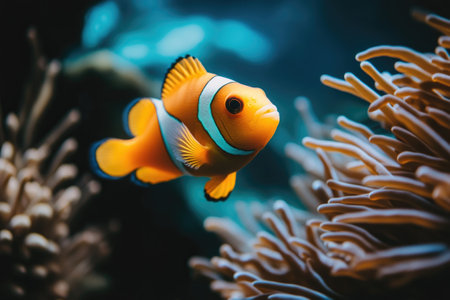 Orange and white clownfish swimming near an anemone on a coral reefの素材