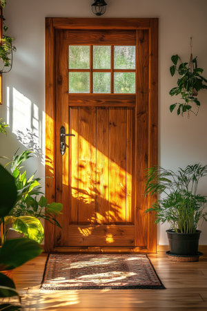 Sun shining through frosted glass illuminating a wooden front door with plants on either side and a rug on the floorの素材