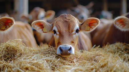 Young brown calf stands patiently among its herd, awaiting feeding time in the barnの素材