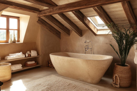 Sunlight streaming through a window illuminating a modern bathroom with a freestanding bathtubの素材