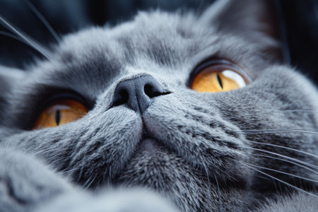 Close-up portrait of a gray cat with yellow eyes looking intently to the sideの素材