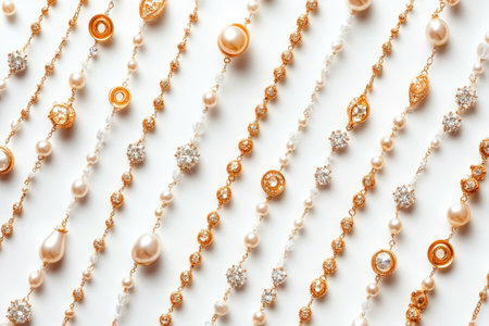 Multiple gold chains with pearls and diamonds are laying on a white background forming elegant linesの素材