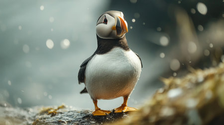Atlantic puffin is standing on a rock with water droplets in the airの素材