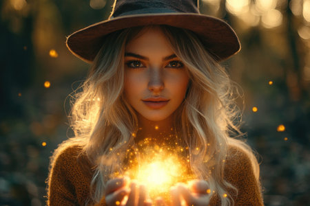 Blonde woman wearing a brown hat is holding a magic golden light in her hands in the forest at sunsetの素材