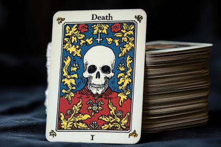 The death tarot card from a vintage rider waite deck is leaning on a stack of cardsの素材