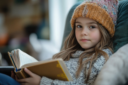Cute girl wearing knitted beanie relaxing on comfortable armchair reading bookの素材