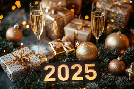Golden christmas ornaments surrounding a lightbox with the number 2025, two glasses of champagne and gift boxes creating a festive atmosphereの素材