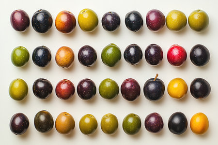 Different varieties of plums arranged in rows on a white background, showcasing their vibrant colors and texturesの素材