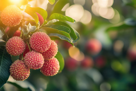 Close up bunch of fresh lychee fruits hanging on a tree in plantationの素材