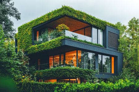 Modern green building with plants growing on its facade, showing a sustainable and eco-friendly architectureの素材