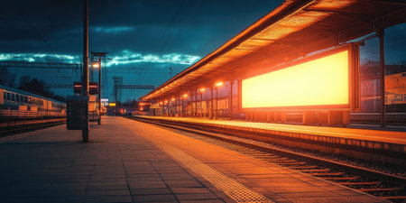 Empty train station platform is illuminated by a large blank billboard at twilightの素材