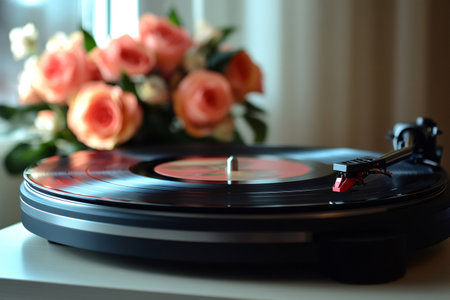 Vinyl record is playing on a turntable with a bouquet of pink roses in the background, creating a romantic and nostalgic atmosphereの素材