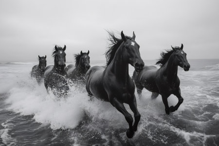 Black horses running in the ocean surf on a cloudy day, creating a dramatic and powerful sceneの素材